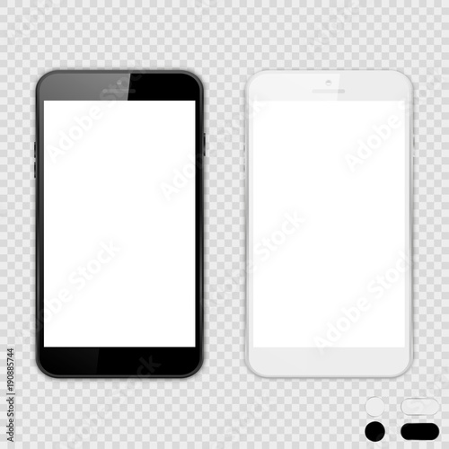 Set of big black phones with white screen on isolated background