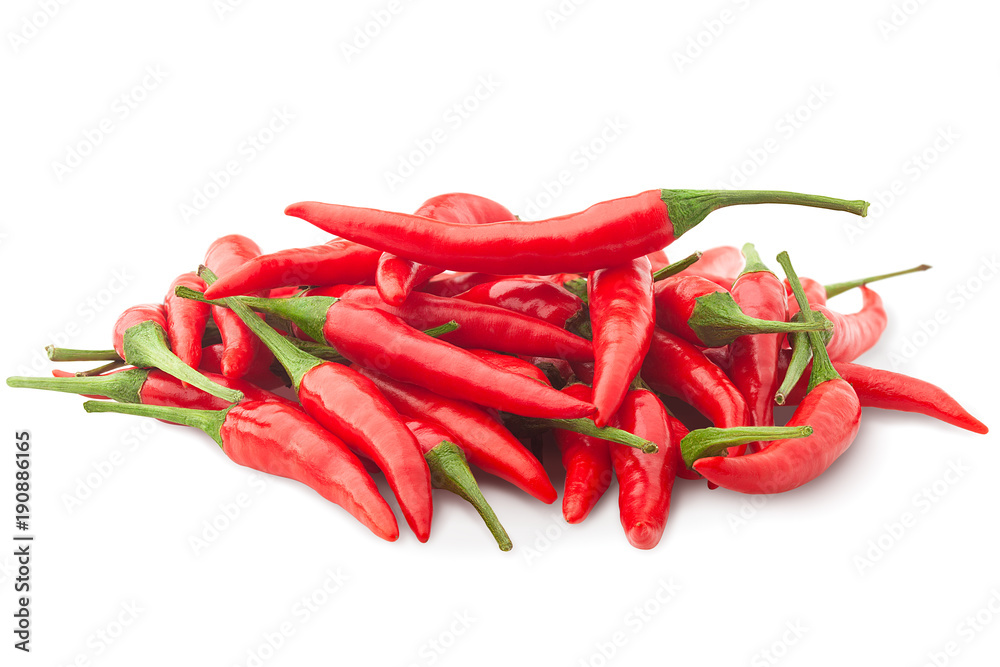 Fresh raw red hot chilli peppers on white background, isolated, clipping path, full depth of field