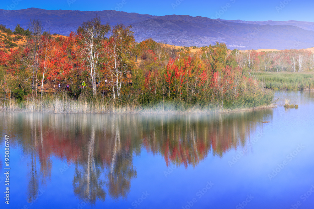 Colorful trees reflecting in tranquil lake in the morning. Colorful trees reflecting in tranquil lake in the morning.