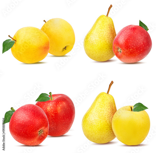 Collage of fresh fruits pears and apples isolated on white background with clipping path