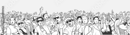 Stylized illustration festival crowd at live concert partying and having fun in panorama black and white