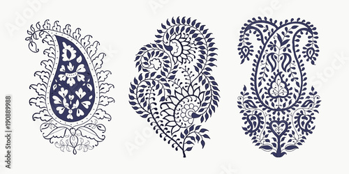 Set of 3 paisley elements. Traditional oriental ethnic ornament of India, 2 colors. For your design. photo