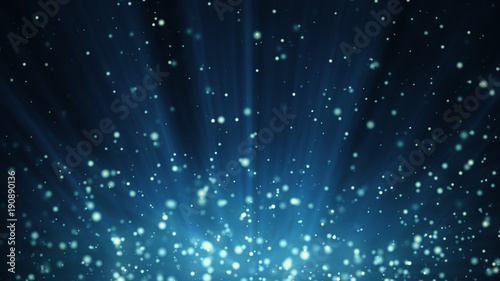 3d illustration blue festive background with light rays and particles