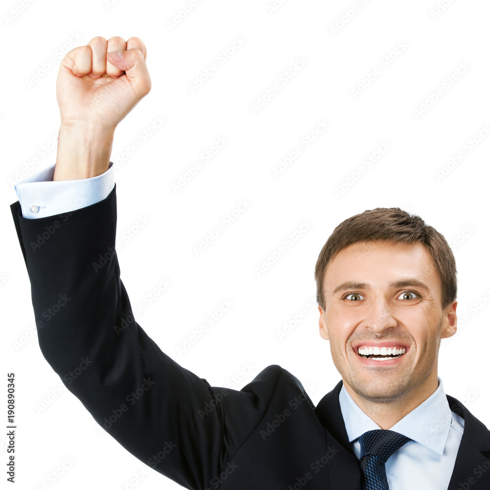 Happy successful gesturing businessman, on white Happy successful gesturing businessman, on white