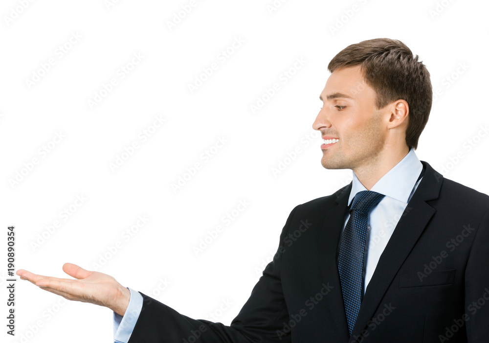 Business man showing, isolated Business man showing, isolated