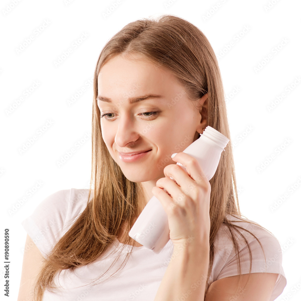 Beautiful young woman in the hands of bottle yogurt Beautiful young woman in the hands of bottle yogurt