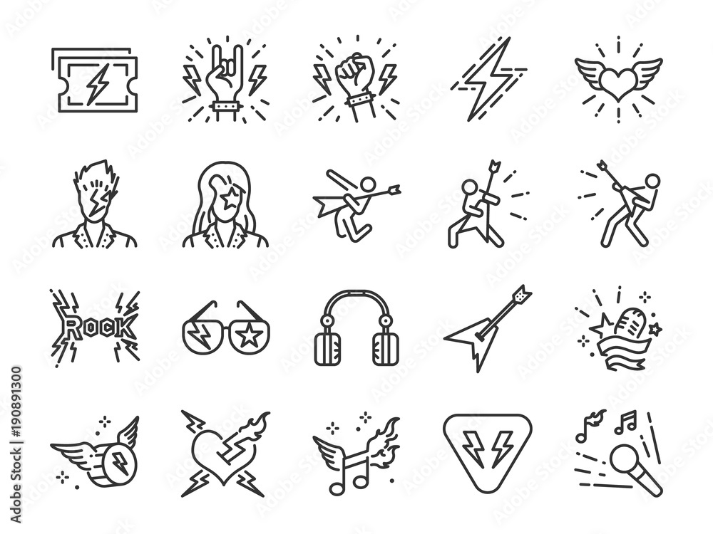 Fototapeta premium Rock and Roll line icon set. Included the icons as rocker, leather boy, concert, song, musician, heart, guitar and more. 