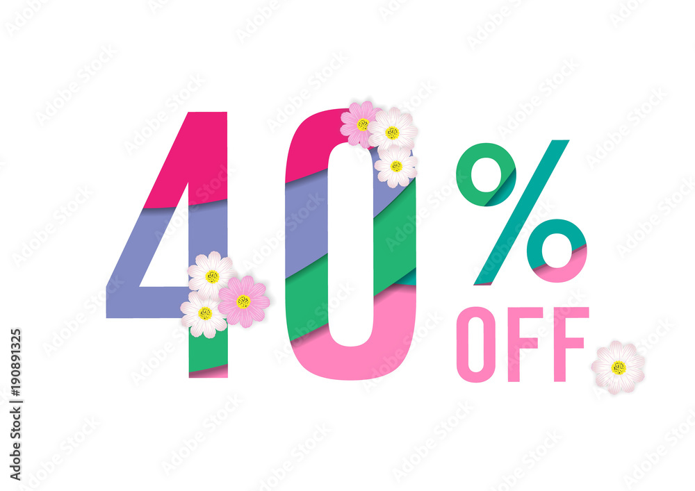 Spring sale colorful paper cut background with beautiful flower,forty percent off,vector illustration template, banners, Wallpaper, invitation, posters, brochure, voucher discount.