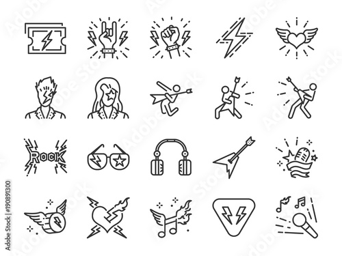 Rock and Roll line icon set. Included the icons as rocker, leather boy, concert, song, musician, heart, guitar and more.
 photo