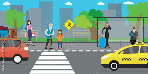 City street and road,public transport stop, people go and stand