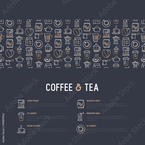 Coffee and tea concept with thin line icons: take away paper cups, cezve, coffee machine, teapot, cappuccino, cup, tea with lemon, grinder. Modern vector illustration for web page, print media.