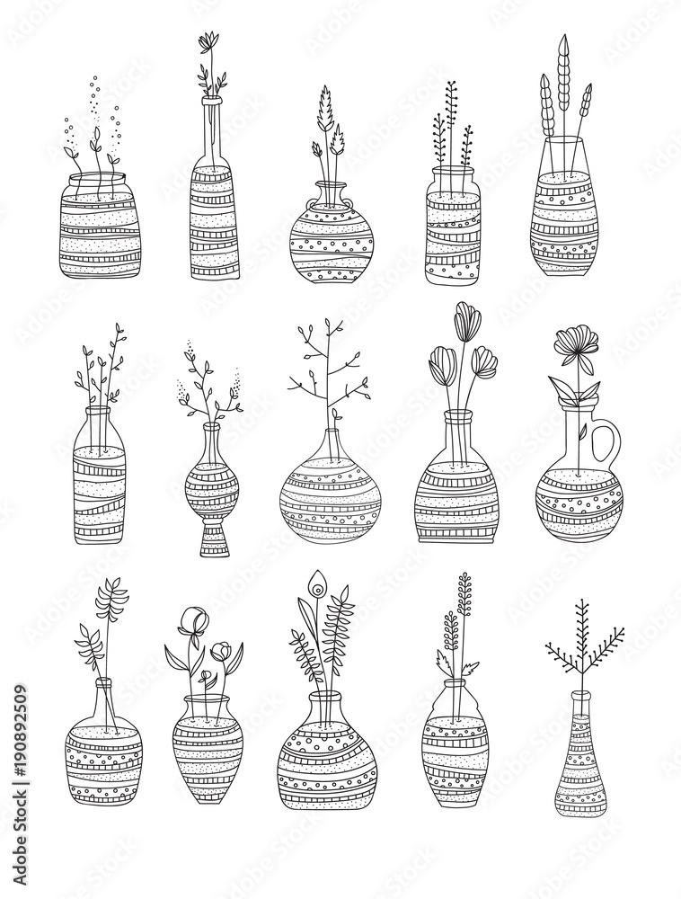 Fototapeta premium Collection of glass bottles with flowers. Hand draw style. Black outline on white background