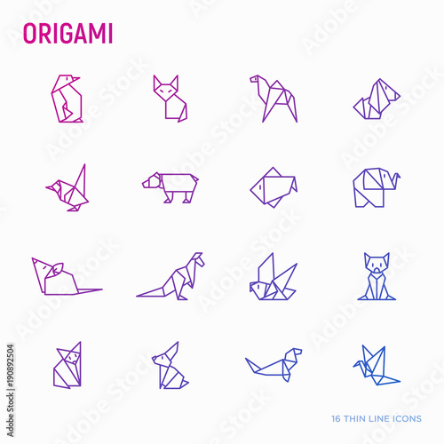 Origami, animals folded from paper thin line icons: penguin, camel, fox, bear, sparrow, fish, mouse, bird, elephant, kangaroo, hare, seal, raccoon. Modern vector illustration.