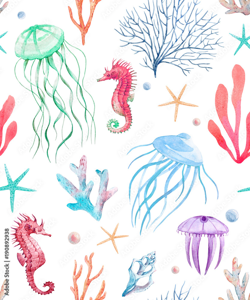 Fototapeta premium Watercolor sea life pattern