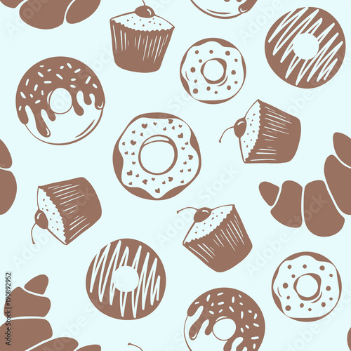 Vector seamless pattern of brown hand drawn donuts, croissant and muffin on mint background.