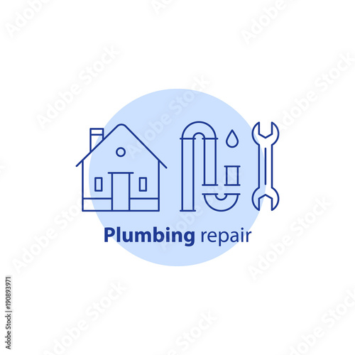 P-trap clog cleaning, change pipes, house plumbing services, dismantle tubes, sewer repair, canalization maintenance, vector icon photo