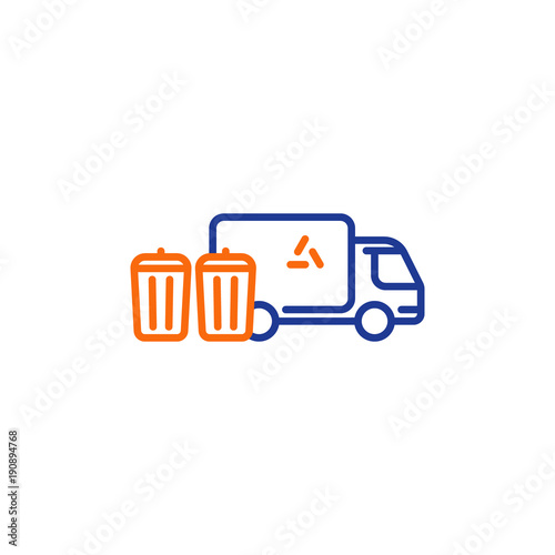 Garbage truck line icon, trash disposal services, waste bins