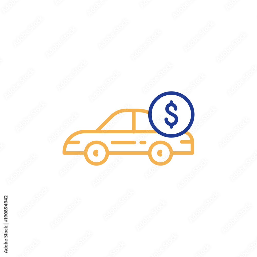 Car line icon and dollar coin, transport payment, rent car Car line icon and dollar coin, transport payment, rent car