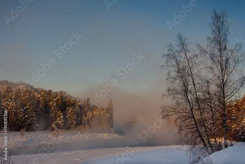 Winter sunrise in the Altai Mountains