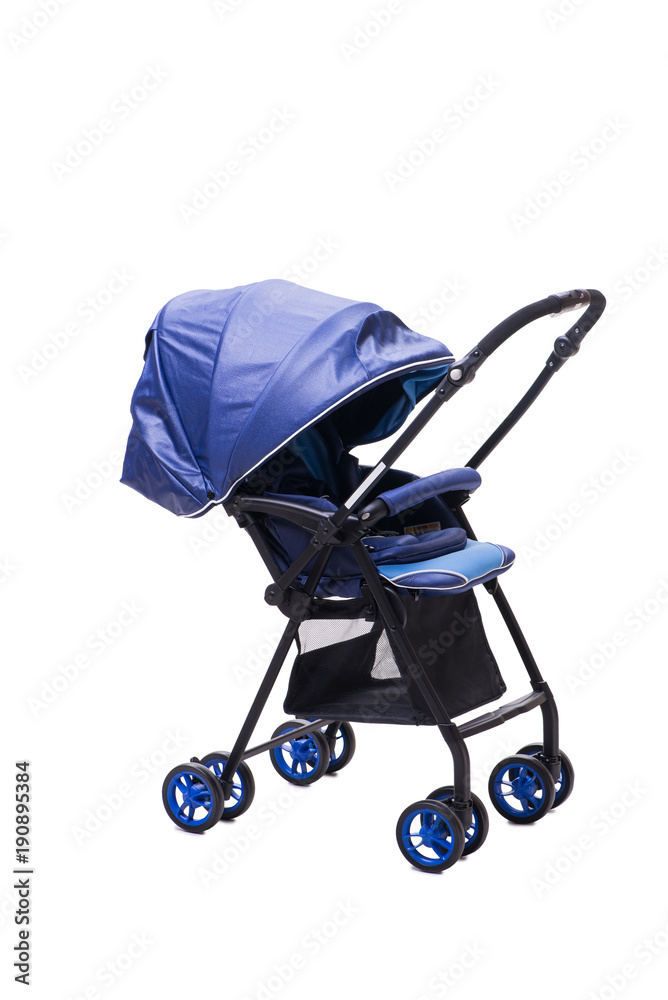 Blue pushchair isolated on white background