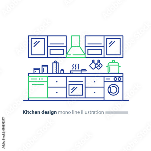 Kitchen interior design, furniture set, arrangement plan