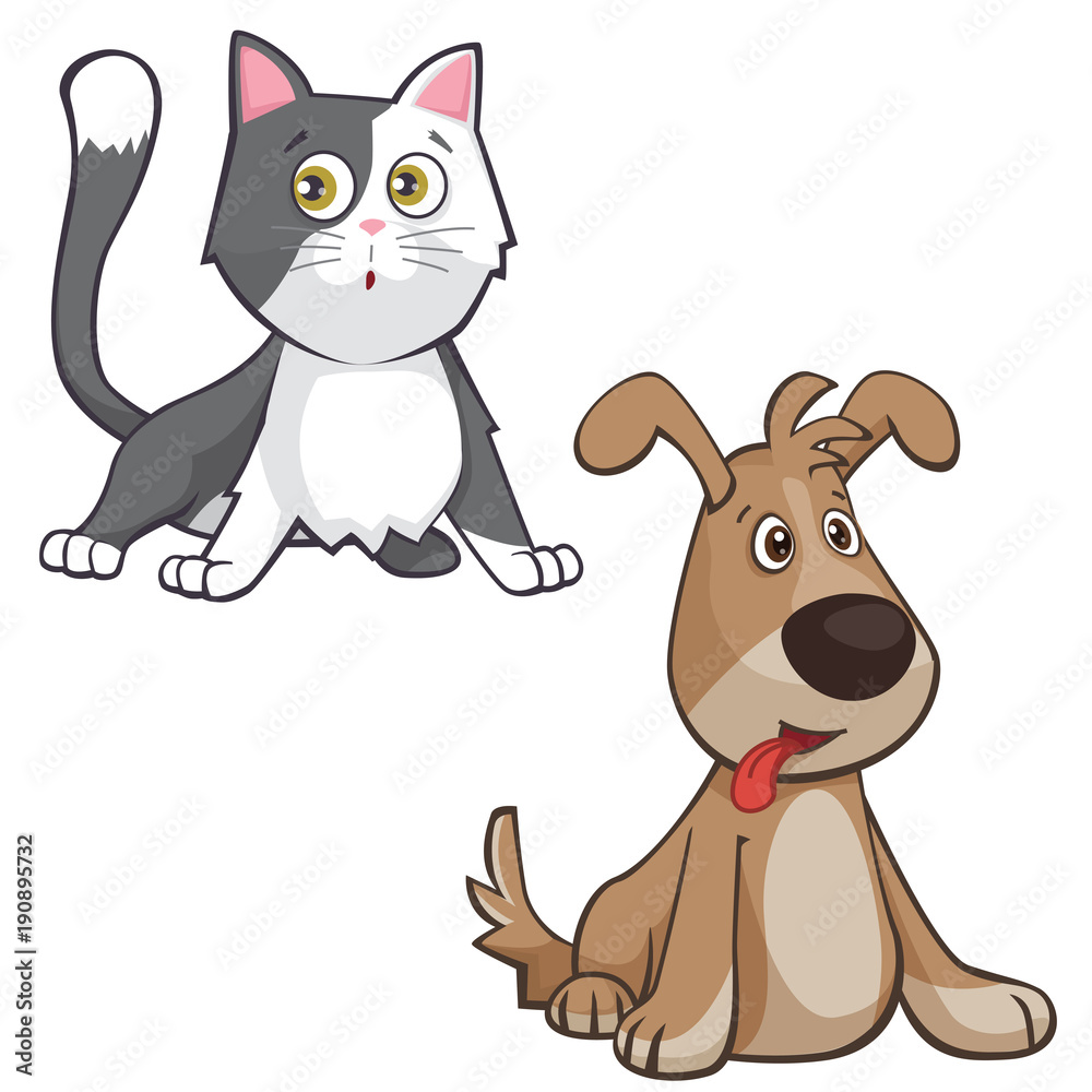 Cartoon Cat and Dog Vector Illustrations Isolated on White