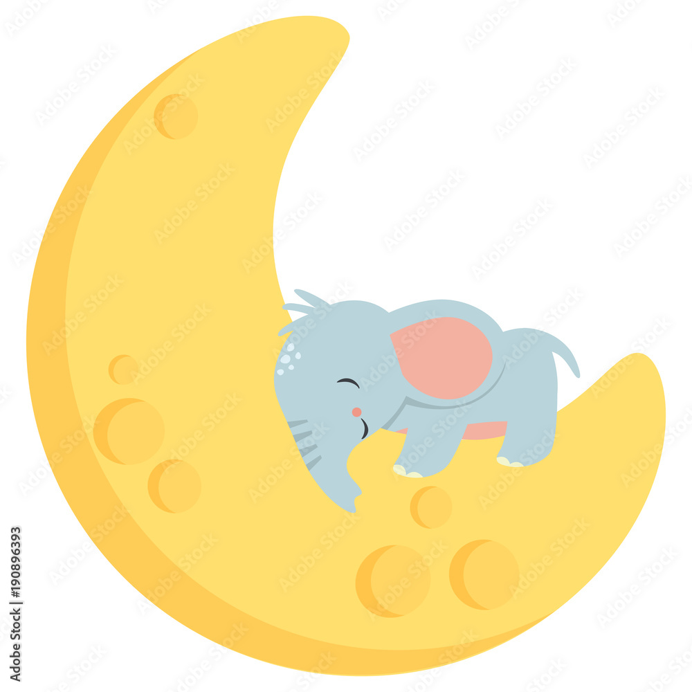 Cute Little Baby Elephant Sleeping on Crescent Moon Kawaii Style Flat Vector Illustration Isolated on White Cute Little Baby Elephant Sleeping on Crescent Moon Kawaii Style Flat Vector Illustration Isolated on White