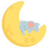 Cute Little Baby Elephant Sleeping on Crescent Moon Kawaii Style Flat Vector Illustration Isolated on White