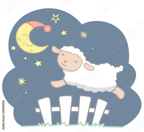 Cute Little Kawaii Style Sheep Jumping Over White Picket Fence Under the Crescent Moon with Night Cap and Stars Night Scene Dreamy Counting Sheep Vector Illustration