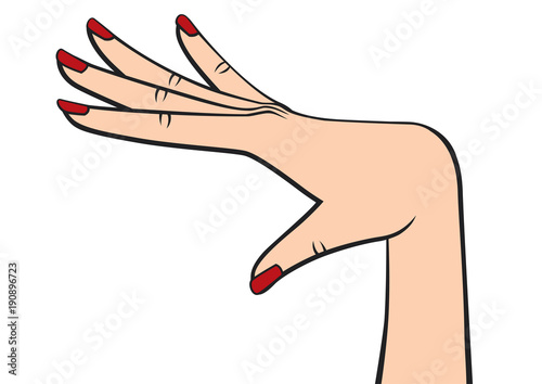 Elegant Woman Hand Pose with Red Nail Polish Retro Style Vector Outlined Illustration Isolated on White