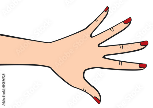 Elegant Woman Hand Palm Down with Spread out Fingers with Red Nail Polish Retro Style Vector Outlined Illustration Isolated on White