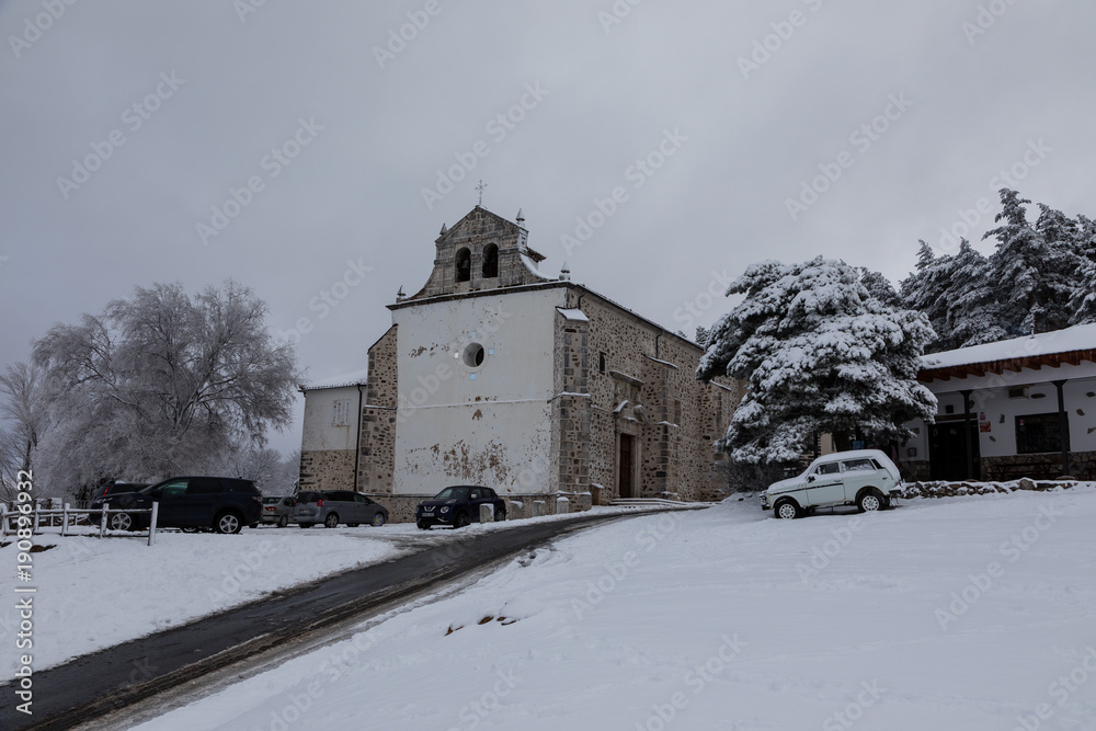 Hermitage of Hontanares in Riaza, Segovia, covered by snow