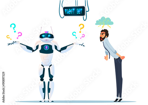 Modern Robot Set With expressions . Businessman mad about silly robot. Artificial Intelligence Technology Flat Vector Illustration