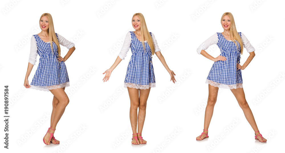 Caucasian woman in plaid blue dress isolated on white Caucasian woman in plaid blue dress isolated on white