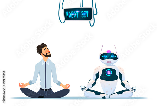 Human and robot meditation. Modern robot influence in human life. Artificial Intelligence Technology Flat Vector Illustration