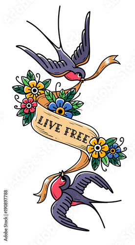 Two bluebirds carry ribbon with inscription Live Free in flowers. Old School tattoo design. Black and white illustration