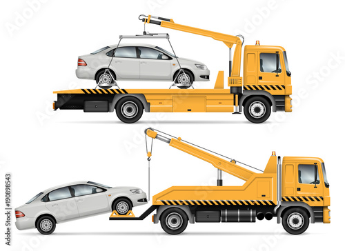 Tow truck vector mock-up. Isolated template of breakdown lorry. Vehicle branding mockup. Truck towing the car, side view. All elements in the groups on separate layers. Easy to edit and recolor.