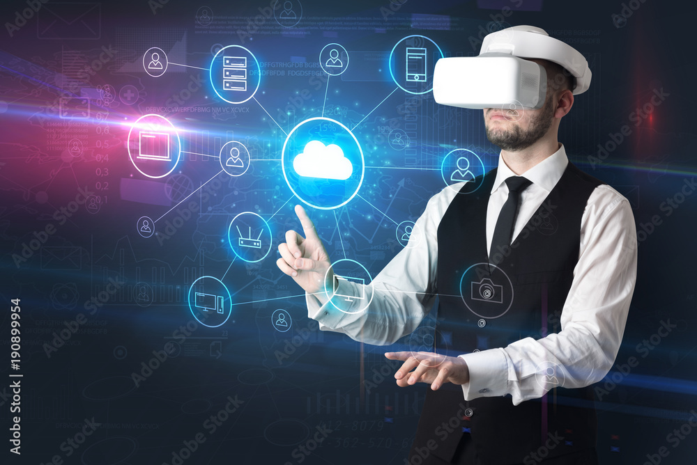 Man in vr glasses with social media concept icons Man in vr glasses with social media concept icons