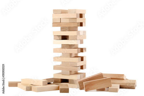 Wooden block tower game isolated on white background