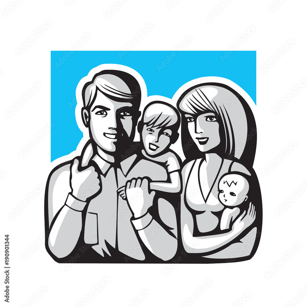Happy family portrait. Vector illustration of characters - father, mother and children, happiness, love, relationship and friendship concept.