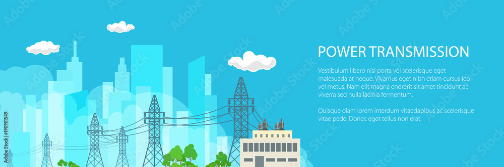 Φωτογραφία Banner with High Voltage Power Lines Supplies Electricity to the City , Electric