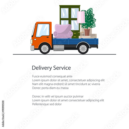 Orange Freight Car is Transporting Furniture Isolated on a White Background and Text, Flyer Transportation and Cargo Delivery Services, Logistics, Poster Brochure Design, Vector Illustration