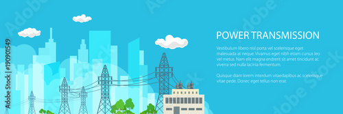 Banner with High Voltage Power Lines Supplies Electricity to the City , Electric Power Transmission on a Blue Background, Vector Illustration