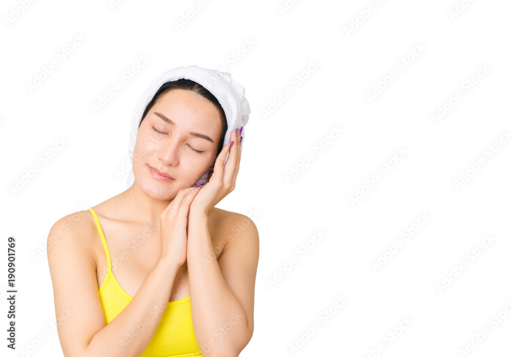 portrait of beautiful asian girl in face skin care and spa concept with towel cover on hair and smile sexy or cute pose isolated on white background with clipping path. portrait of beautiful asian girl in face skin care and spa concept with towel cover on hair and smile sexy or cute pose isolated on white background with clipping path.