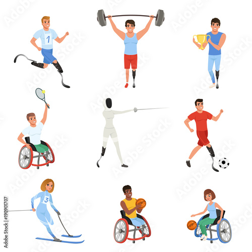 Set of Paralympics athletes with physical disabilities. Smiling men and women taking part in various sports games. Active lifestyle. Colorful flat vector design