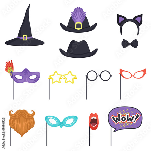 Colorful set with carnival masks and hats. Witch cap, glasses, beard, lips, speech bubble, cat ears and bow tie. Accessories for party and masquerade. Flat vector