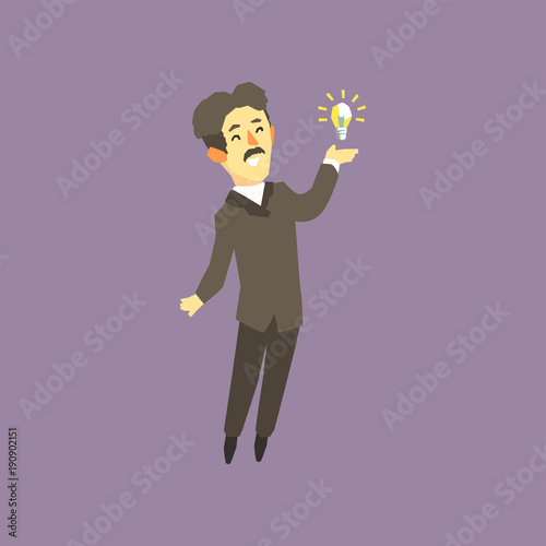 Full-length portrait of Nikola Tesla - famous scientist, electrical engineer and inventor. Cartoon man character and bright lamp. Colorful flat vector design