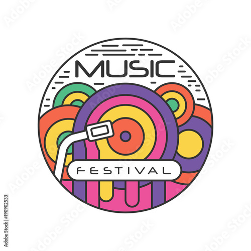 Multi-colored logo template for music festival. Abstract emblem in linear style with Gramophone record. Creative vector design for poster, badge or flyer