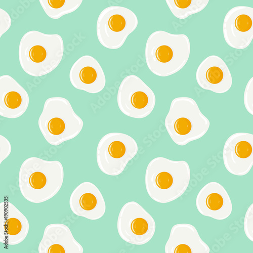 Fried eggs on turquoise background seamless pattern. Yummy breakfast. Vector hand drawn illustration seamless pattern.
