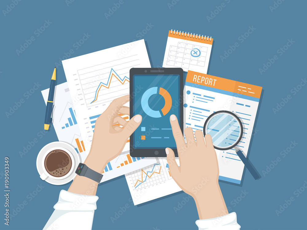 Statistics, analytics, report on the phone screen. Mobile services and applications for business and finance. Online audit. Human hand with a phone, documents, reports, calendar, coffee, pen. Vector Statistics, analytics, report on the phone screen. Mobile services and applications for business and finance. Online audit. Human hand with a phone, documents, reports, calendar, coffee, pen. Vector